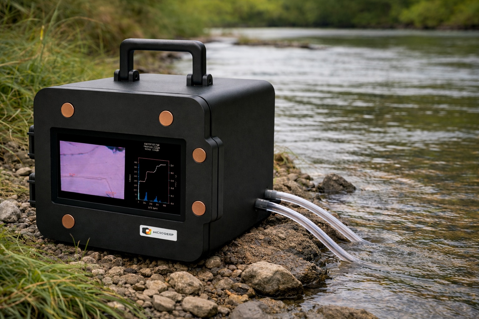 Microdeep water monitoring platform deployed at a river with inlet and outlet tubes for continuous sampling